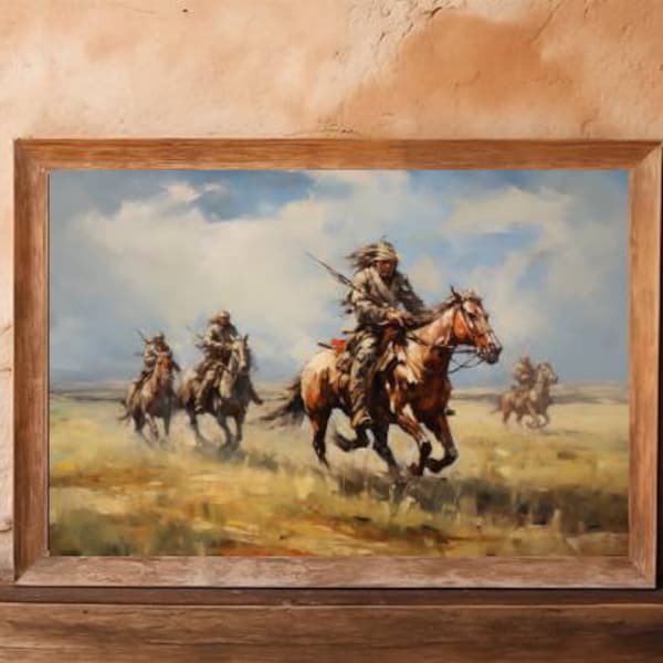 Comanche Warriors Riding on the Plains, Llano Estocado, Oil Painting Print, Rustic Home Decor, Historic Home Decor