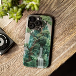 iPhone Case, Jade Trees Waterfall Tough Case, Protective Cover for iPhone 15 and 16, Resilient Phone Case, Nature Design, Tree Lover Gift