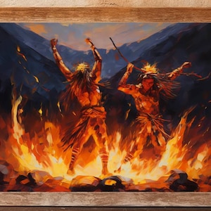 Puede incluir: Pintura enmarcada que representa a dos figuras bailando alrededor de un fuego. Las figuras están pintadas en tonos naranja y marrón, con pelo largo y vestimenta tribal. El fondo presenta una oscura cordillera y un primer plano ardiente.