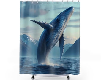 Blue Whale Ocean Life Shower Curtain, Whimsical Sea Life Themed Home and Bathroom Decor, Perfect for Children's Bathroom,