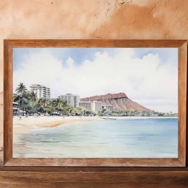 Vintage Diamond Head Vista: Vintage Waikiki Beach Watercolor Painting Print. Iconic Hawaiian Landscape Artwork. Home Decor & Gifts.