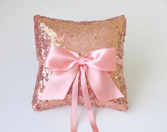 Rose gold sequin ring pillow with coral bow, Wedding ring pillow, Sequin ring holder, Rose gold ring bearer