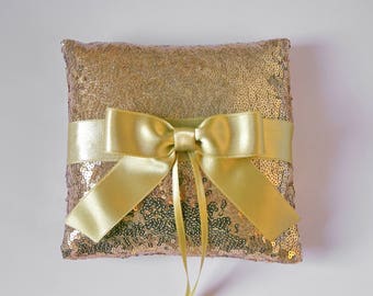 Gold sequin ring pillow with gold satin bow, Wedding ring pillow, Ring bearer, Sequin ring holder, Gold ring  pillow