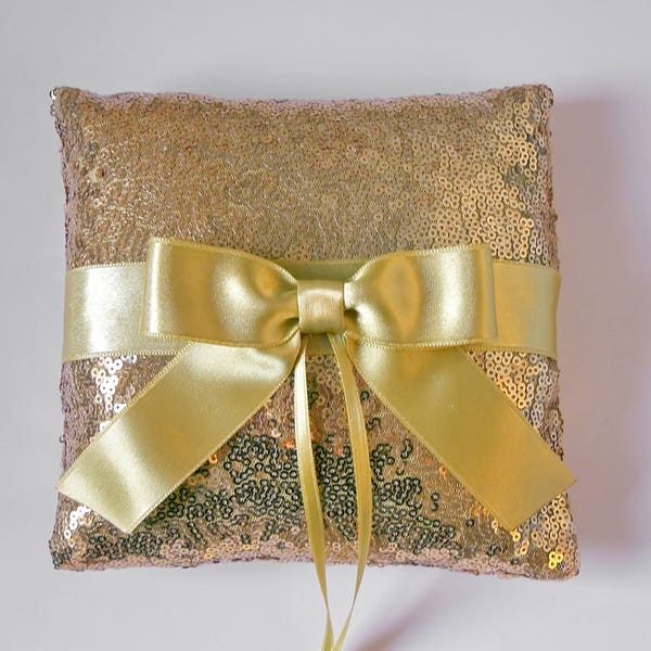 Gold sequin ring pillow with gold satin bow, Wedding ring pillow, Ring bearer, Sequin ring holder, Gold ring  pillow