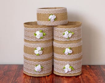 Set of 7 quart mason jar sleeves, Burlap and Lace Mason jar wraps with white roses, Table Centerpiece, Rustic wedding, party or home decor