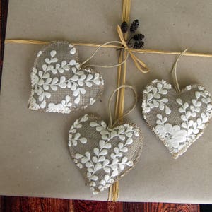 Set of 3 rustic heart ornaments from burlap and embroidered lace, Christmas, Home and wedding decor, Natural Valentine's Day gift, Gift tag image 5