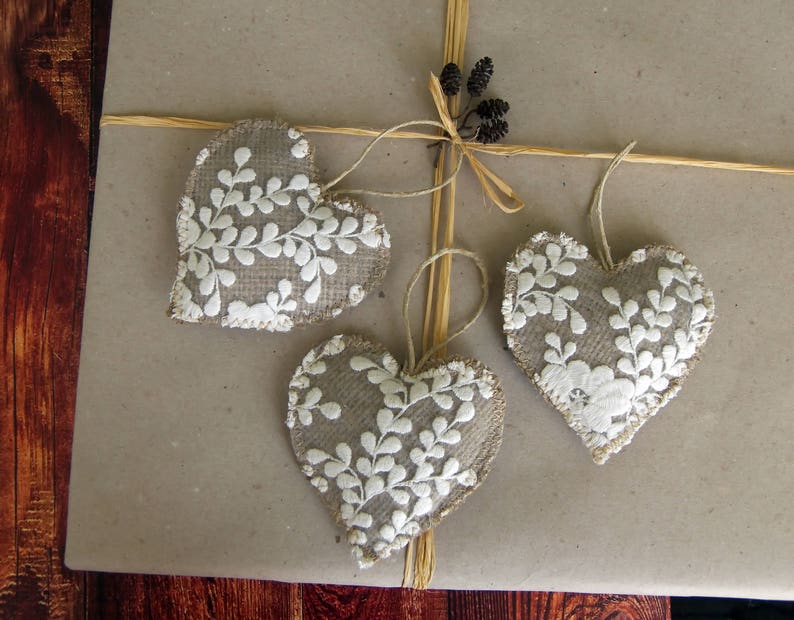 Set of 3 rustic heart ornaments from burlap and embroidered lace, Christmas, Home and wedding decor, Natural Valentine's Day gift, Gift tag image 5