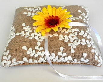 Sunflower & embroidered lace decor, Burlap ring pillow with lace and sunflower, Rustic ring bearer, Cottage chic wedding, Ring Cushion