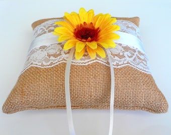 Sunflower & white/navy blue ribbon decor, Burlap ring pillow with lace and sunflower, Rustic ring bearer, Cottage chic wedding, Ring Cushion
