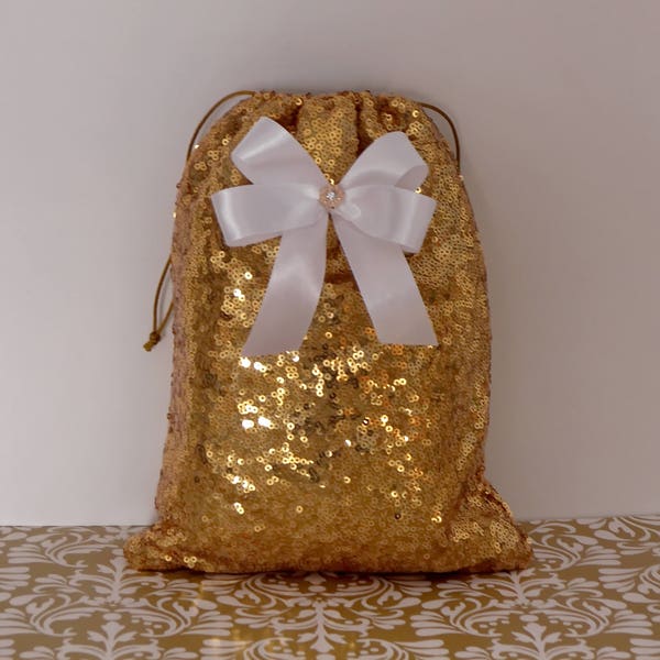 Gold sequin dollar dance bag with white bow and rhinestone, Shining gold wedding money bag, Sequin dollar bag, Bride Money Bag with bow