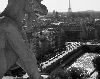 May include: A black and white photo of a gargoyle statue overlooking the city of Paris, France. The Eiffel Tower is visible in the distance.