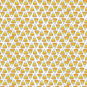 May include: A seamless pattern of yellow and orange candy corn on a white background. The candy corn is drawn in a simple, hand-drawn style.