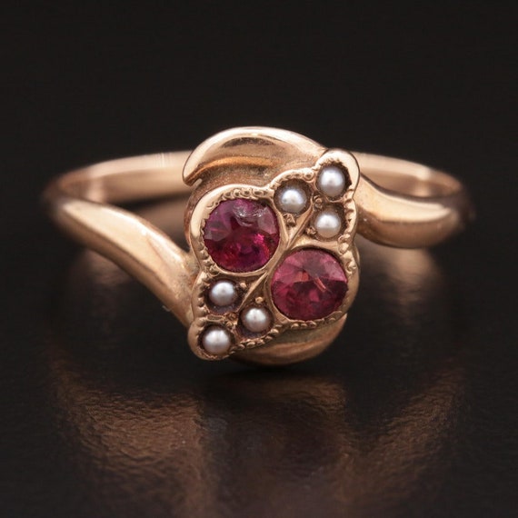 Victorian 10K Garnet and Cultured Pearl Gypsy Ring