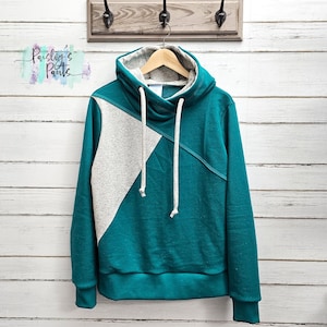 Teal & Grey Color Block Hoodie: Handmade Confetti French Terry Pullover