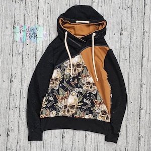Skull and Floral Hoodie: Handmade Gothic Boho Pullover with Rust Accents
