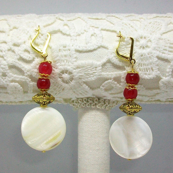 Boucles d’oreilles style Boho, avec perles de jade rouges et disques de nacre, 65 mm