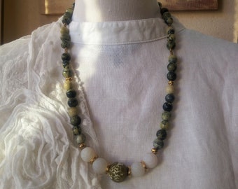Necklace with natural stones of Jasper and Quartz, handmade, 62 cm