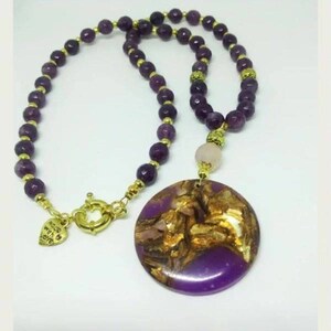 Amethyst Faceted Sphere Necklace with Bornite Pendant, 52cm Long