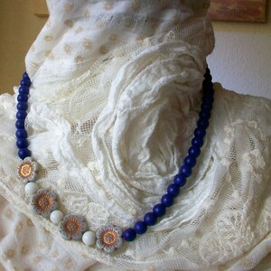 Necklace with sphere stones, Jade and Czech glass flowers, 50 cm