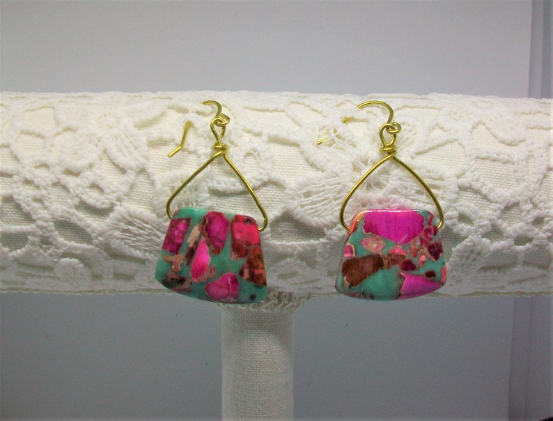 Necklace and earrings with stones of Diaspro handmade brass and silk