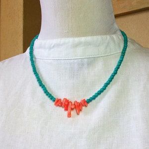 Necklace with Turquoise, Coral and brass, handmade, 46 cm