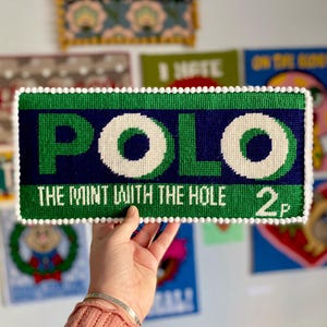 Needlepoint kit, polo mints.