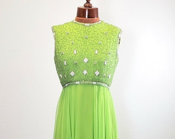 Vibrant 1960s Chartreuse Green Chiffon Goddess Gown Rhinestone Decorations Vintage Dress Flowy Romantic