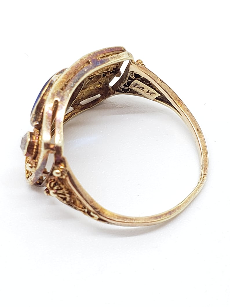 Intricate Antique Edwardian 14K Filigree Ring with Genuine Diamonds and Synthetic Sapphire US Size 4 12