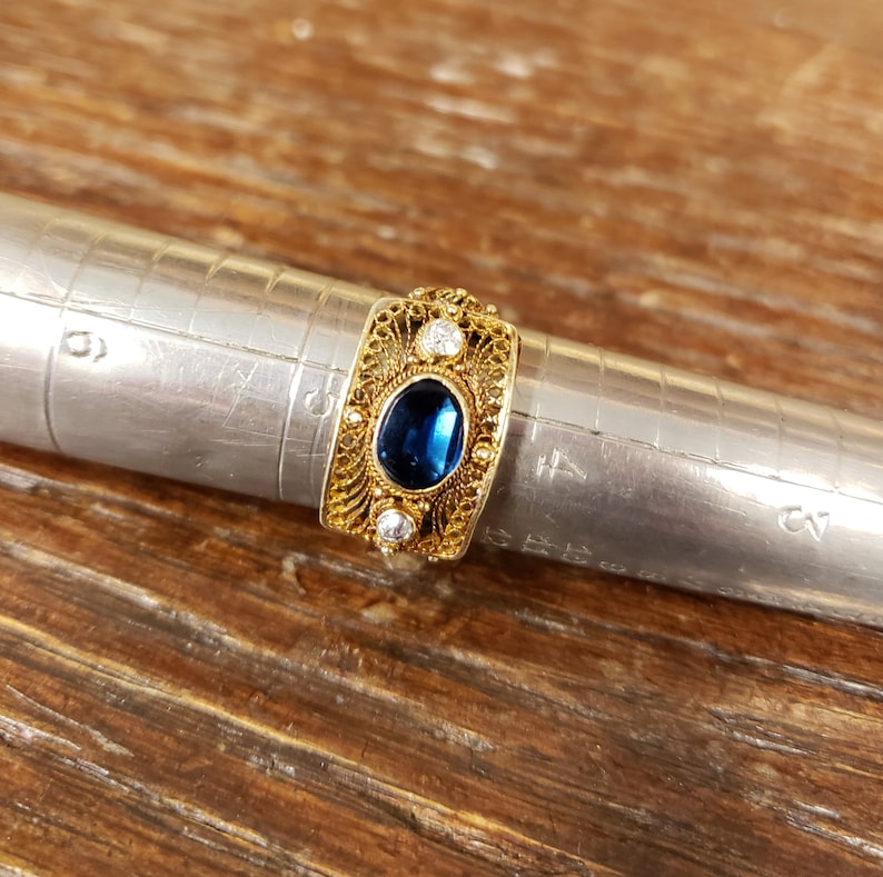 Intricate Antique Edwardian 14K Filigree Ring with Genuine Diamonds and Synthetic Sapphire US Size 4 12