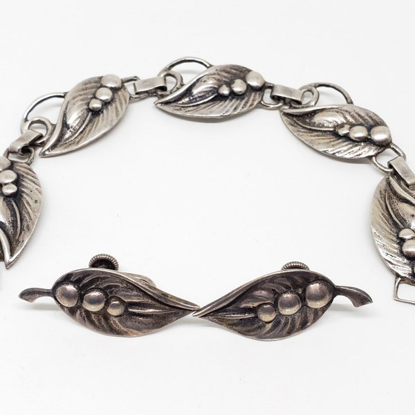 Vintage Art Deco Sterling Silver Leaf & Berries Bracelet and Earring Set Screw Back Scandinavian Influence