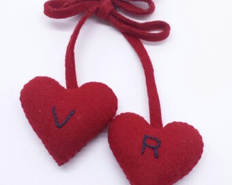 Charming 1940s WWII Sweetheart Jewelry Dangling Red Wool Felt Puffy Hearts Hand Made Initials V and R Large Size 3 Dimensional