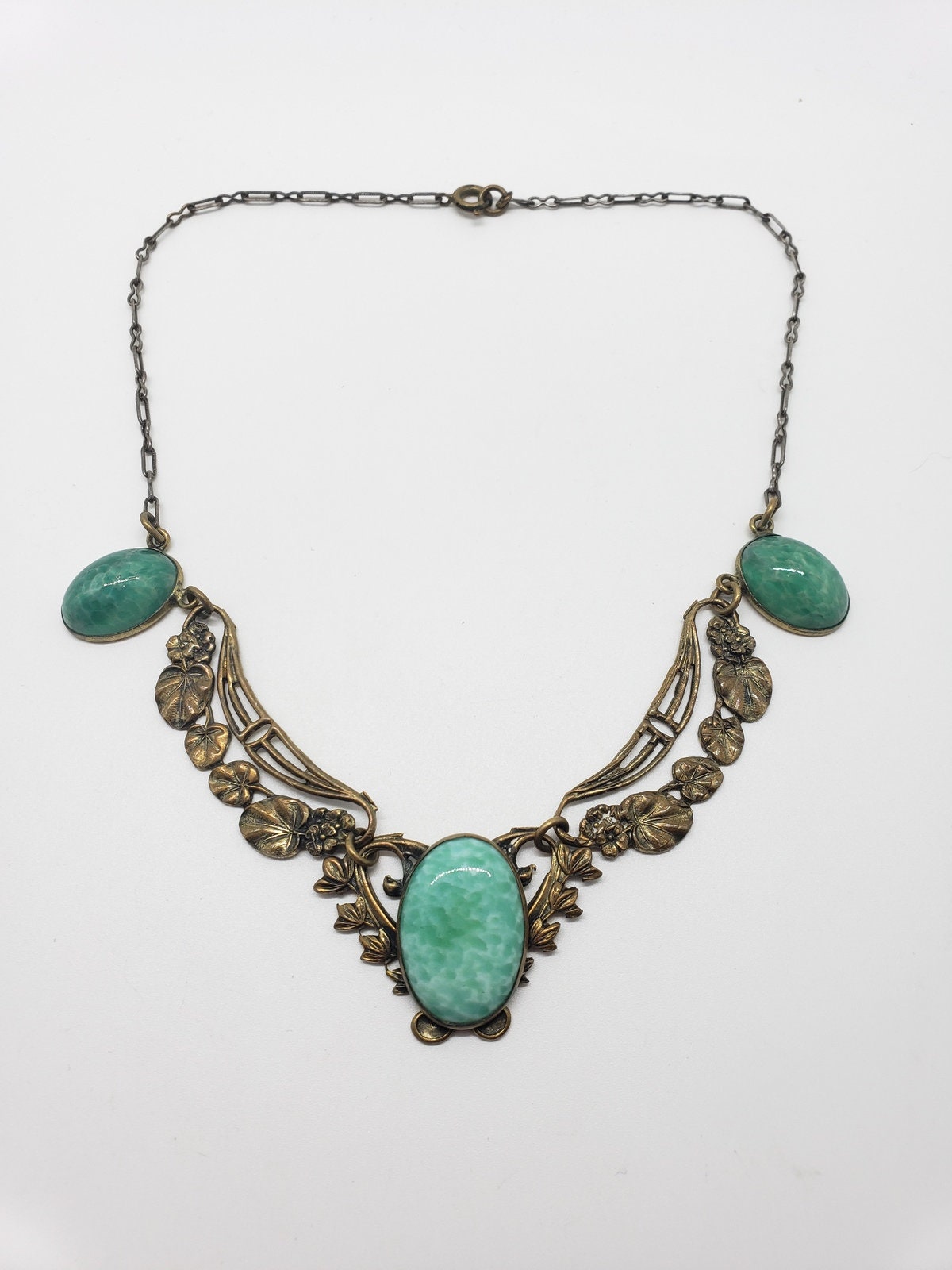 Bold 1930s Czech Art Nouveau Green Peking Glass Stamped Brass Necklace ...