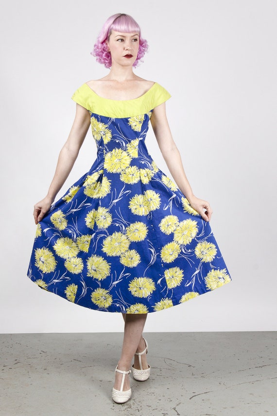 1950s Cotton Sun Dress Deep Blue with Chartreuse … - image 1