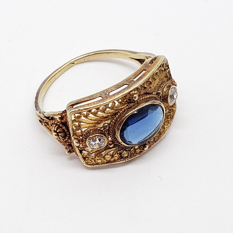 Intricate Antique Edwardian 14K Filigree Ring with Genuine Diamonds and Synthetic Sapphire US Size 4 12