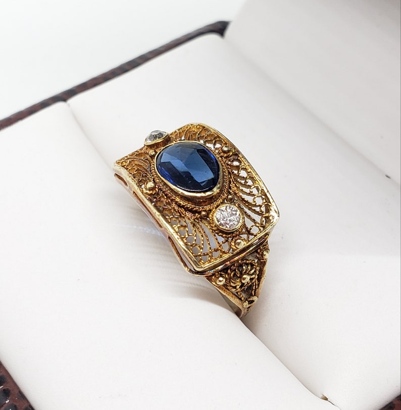 Intricate Antique Edwardian 14K Filigree Ring with Genuine Diamonds and Synthetic Sapphire US Size 4 12