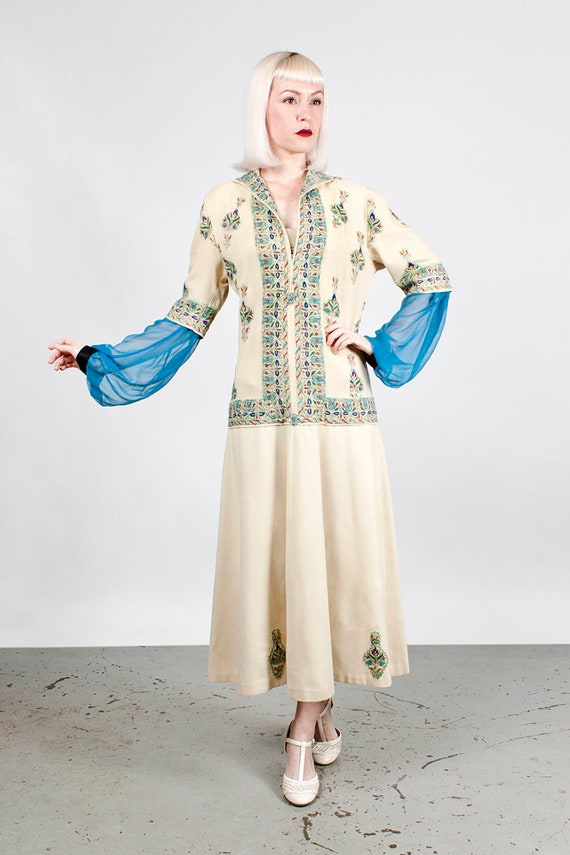 1930s Glorious Kashmiri Hand Embroidered Dress Blu
