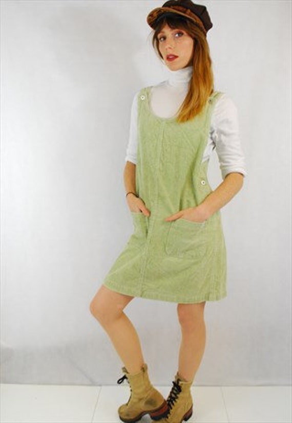 green cord pinafore dress