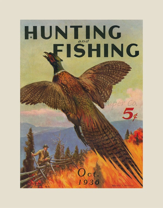 Vintage Pheasant Hunting & Fishing Log Cabin Lodge Home Office