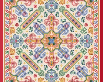 Può includere: Un design quadrato, simmetrico con un bordo rosso e uno sfondo crema. Il design presenta un motivo ripetitivo di uccelli stilizzati, stelle e forme geometriche in tonalità di rosso, blu, verde e giallo.