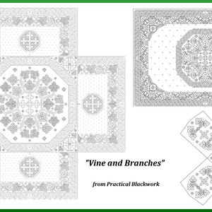 Puede incluir: Dibujo en blanco y negro de un patrón de punto de cruz llamado "Vine and Branches" de Practical Blackwork. El patrón se muestra en cuatro secciones diferentes, con un octógono central y cuatro cuadrados.