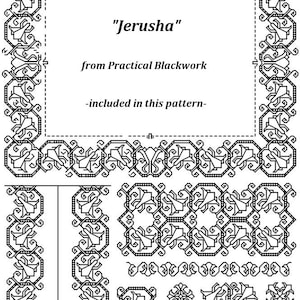 May include: Black and white line art design of a geometric pattern called "Jerusha" from Practical Blackwork. The design includes a square frame, borders, and smaller repeating patterns.