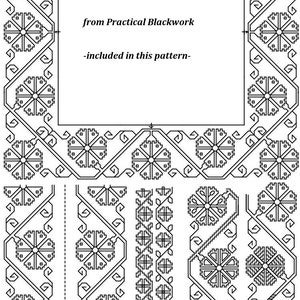 May include: Black and white line art pattern with the title "Gillyflower" from "Practical Blackwork" and the text "included in this pattern".