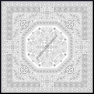 Puede incluir: Patrón geométrico en blanco y negro con un diseño repetitivo de cruces y hojas. El patrón es simétrico y tiene un octógono central.