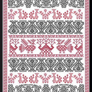 Puede incluir: Patrón de bordado negro y rojo con un diseño repetitivo de pájaros y árboles estilizados. El patrón está enmarcado por un borde negro con un diseño geométrico rojo y blanco.