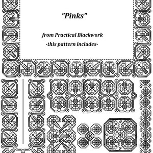 May include: Black and white line art design of a geometric pattern called "Pinks" from Practical Blackwork. This pattern includes a border, corner pieces, and smaller repeating designs.