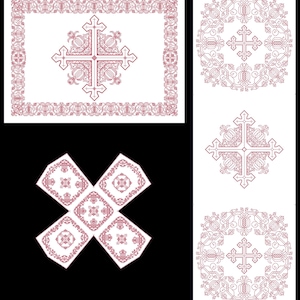 May include: Four different designs of a cross with intricate details, all in a burgundy colour on a white background.