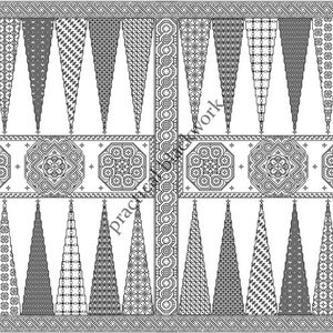 May include: Black and white geometric pattern design with repeating triangles and squares. The design is symmetrical and has a traditional feel.