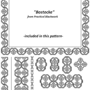 May include: Black and white line art design of a frame with the text "Bostocke" from Practical Blackwork - included in this pattern. The frame is surrounded by a variety of smaller black and white line art designs.