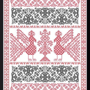 May include: A white background with a variety of black and red embroidered patterns. The patterns include geometric shapes, flowers, and birds. The patterns are arranged in rows and columns.