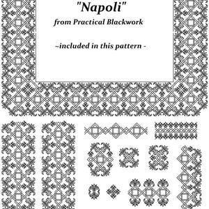 May include: Black and white line art design of a geometric pattern called "Napoli" from Practical Blackwork. The design includes a large square frame, borders, and smaller decorative elements.
